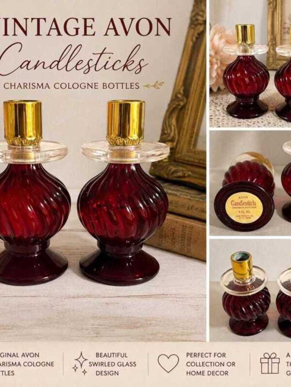 Vintage Avon Charisma Cologne Candlestick Bottles Set 2 Ruby Red Glass